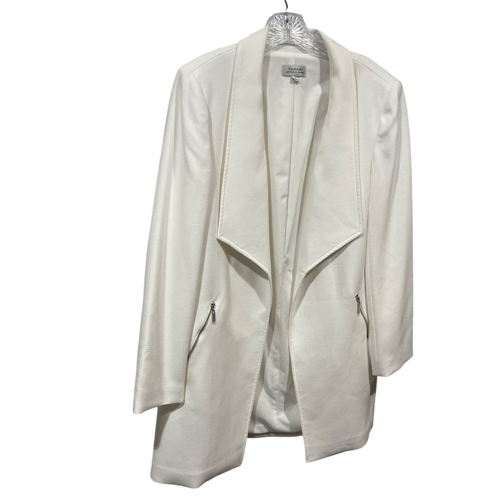 Tahari Arthur S. Levine Womens White Open-Front Blazer W/ Zipper Pockets Size 10 - Picture 1 of 8